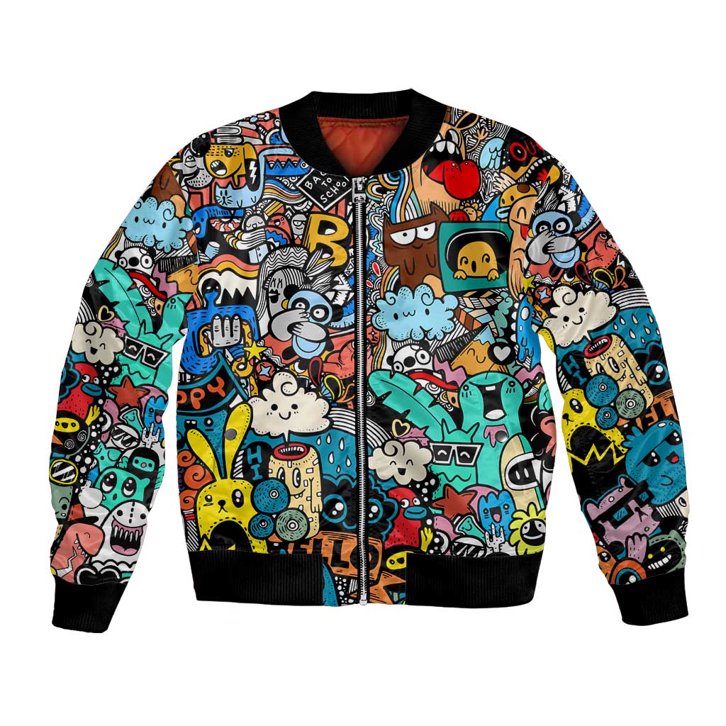 Happy Doodle Monsters Sticker Bomb Bomber Jacket Funny Graffiti Style Cartoon
