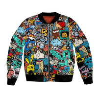 Happy Doodle Monsters Sticker Bomb Bomber Jacket Funny Graffiti Style Cartoon