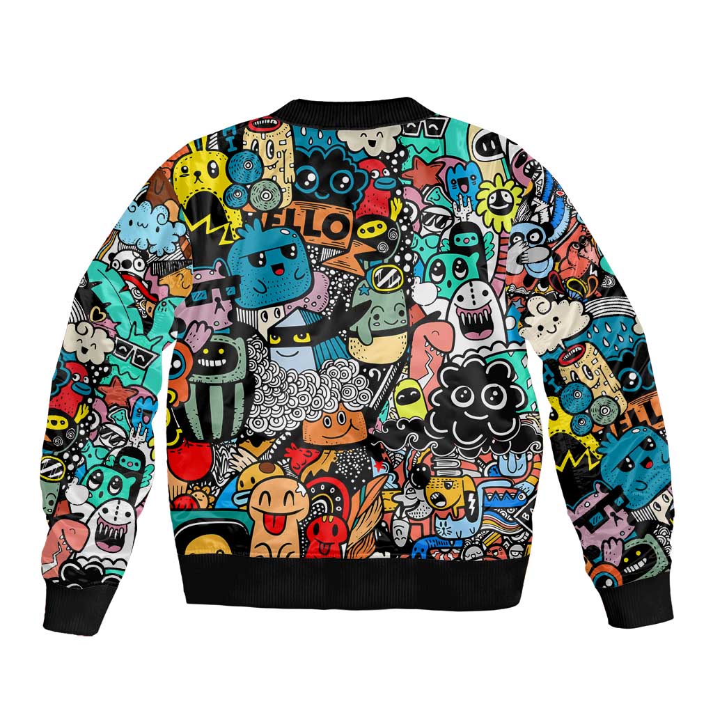 Happy Doodle Monsters Sticker Bomb Bomber Jacket Funny Graffiti Style Cartoon
