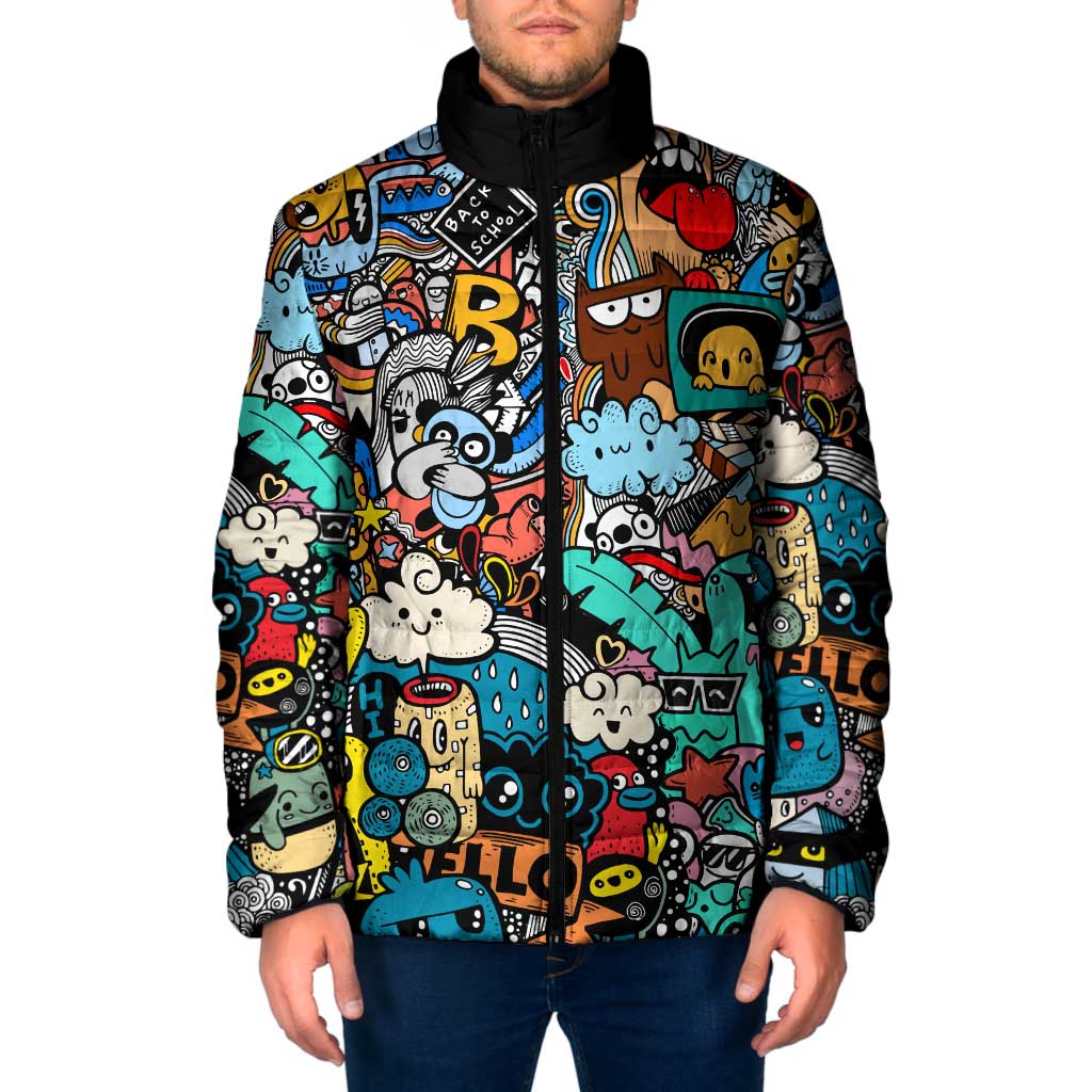 Happy Doodle Monsters Sticker Bomb Padded Jacket Funny Graffiti Style Cartoon