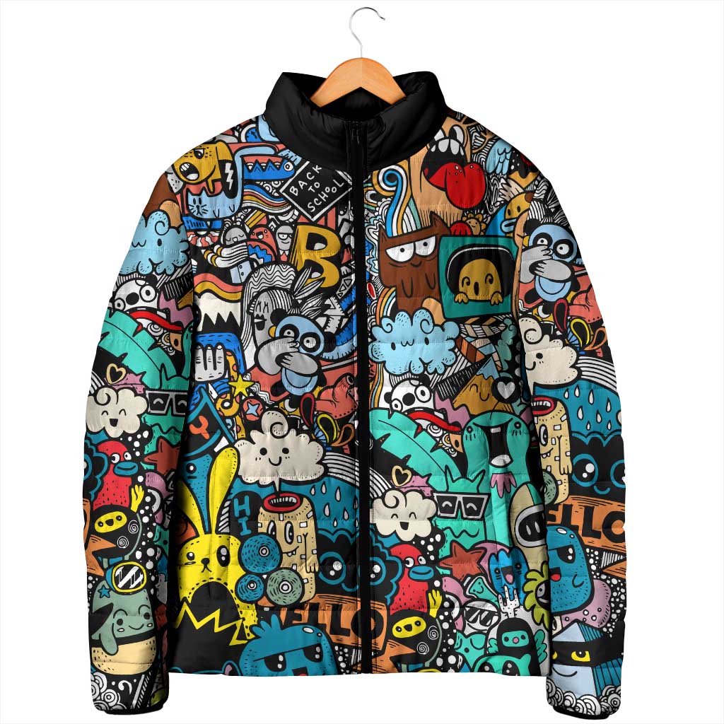Happy Doodle Monsters Sticker Bomb Padded Jacket Funny Graffiti Style Cartoon
