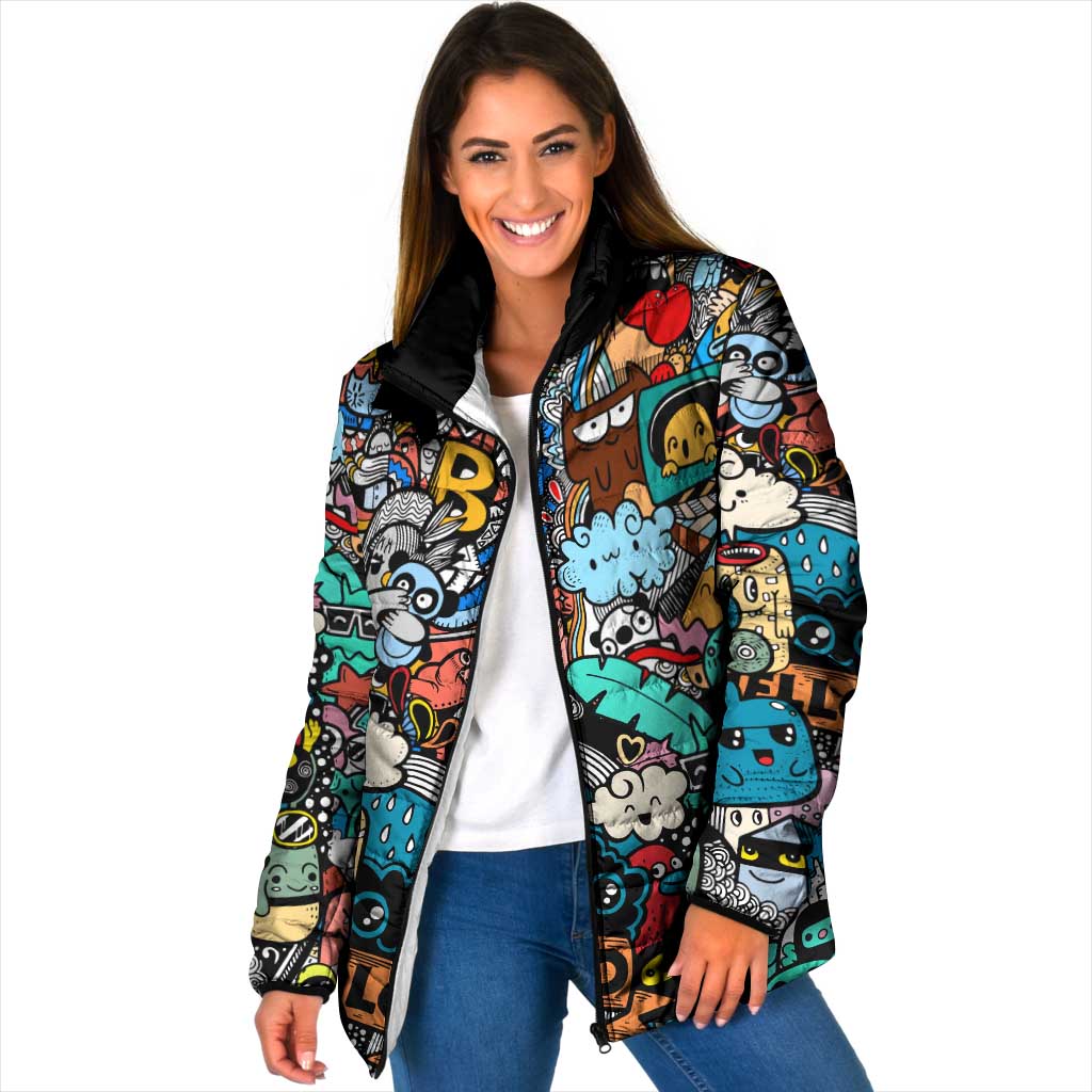 Happy Doodle Monsters Sticker Bomb Padded Jacket Funny Graffiti Style Cartoon