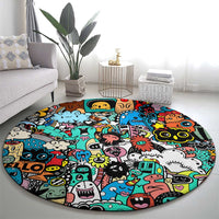 Happy Doodle Monsters Sticker Bomb Round Carpet Funny Graffiti Style Cartoon