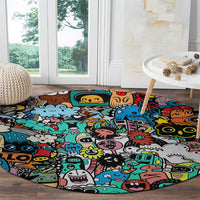 Happy Doodle Monsters Sticker Bomb Round Carpet Funny Graffiti Style Cartoon