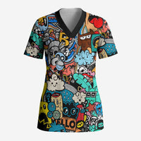 Happy Doodle Monsters Sticker Bomb Scrub Top Funny Graffiti Style Cartoon
