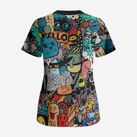 Happy Doodle Monsters Sticker Bomb Scrub Top Funny Graffiti Style Cartoon
