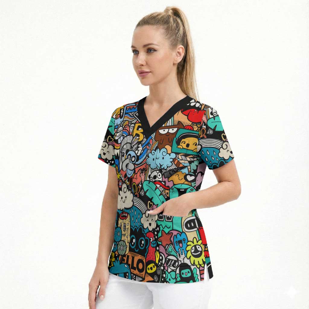Happy Doodle Monsters Sticker Bomb Scrub Top Funny Graffiti Style Cartoon