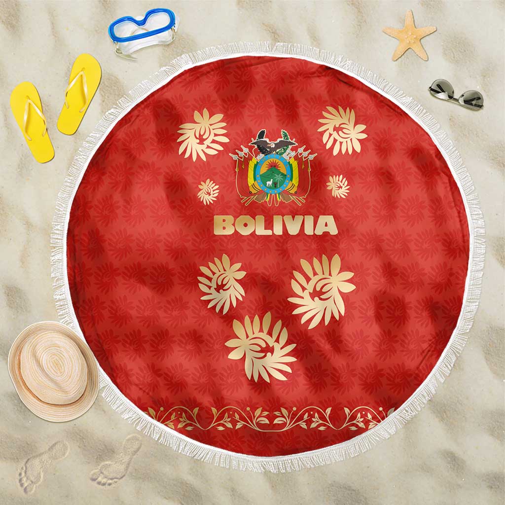 Bolivia National Emblem Beach Blanket with Floral Pattern and Red Folk Design