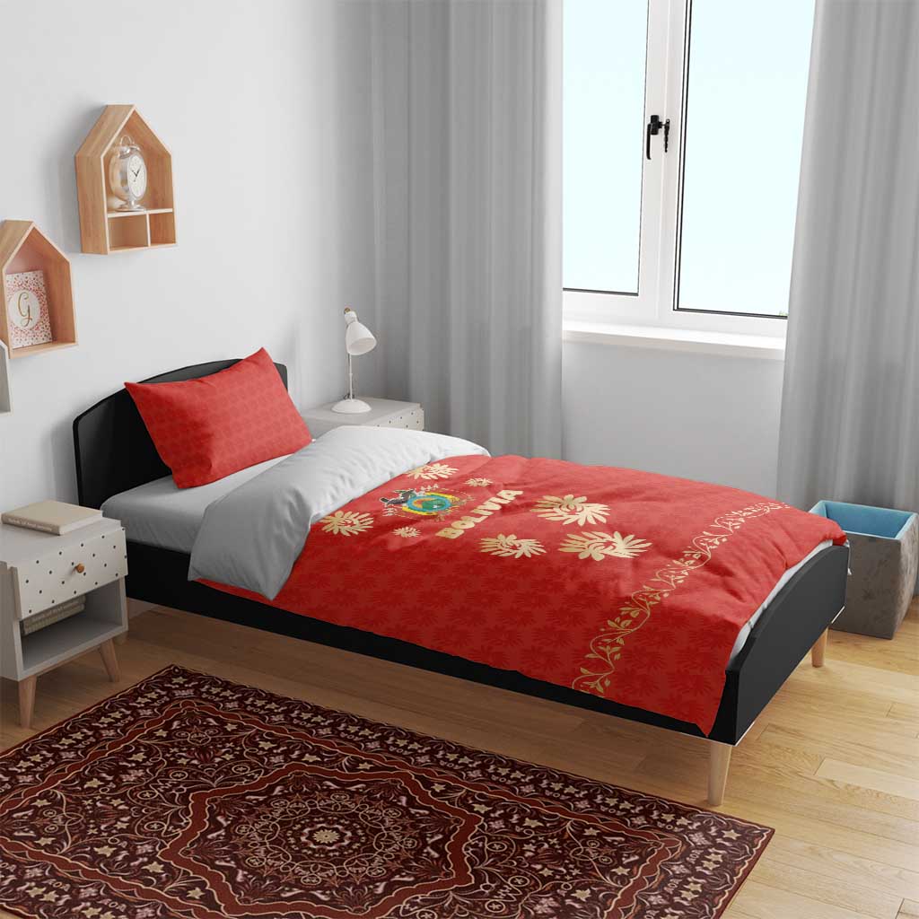 Bolivia National Emblem Bedding Set with Floral Pattern and Red Folk Design