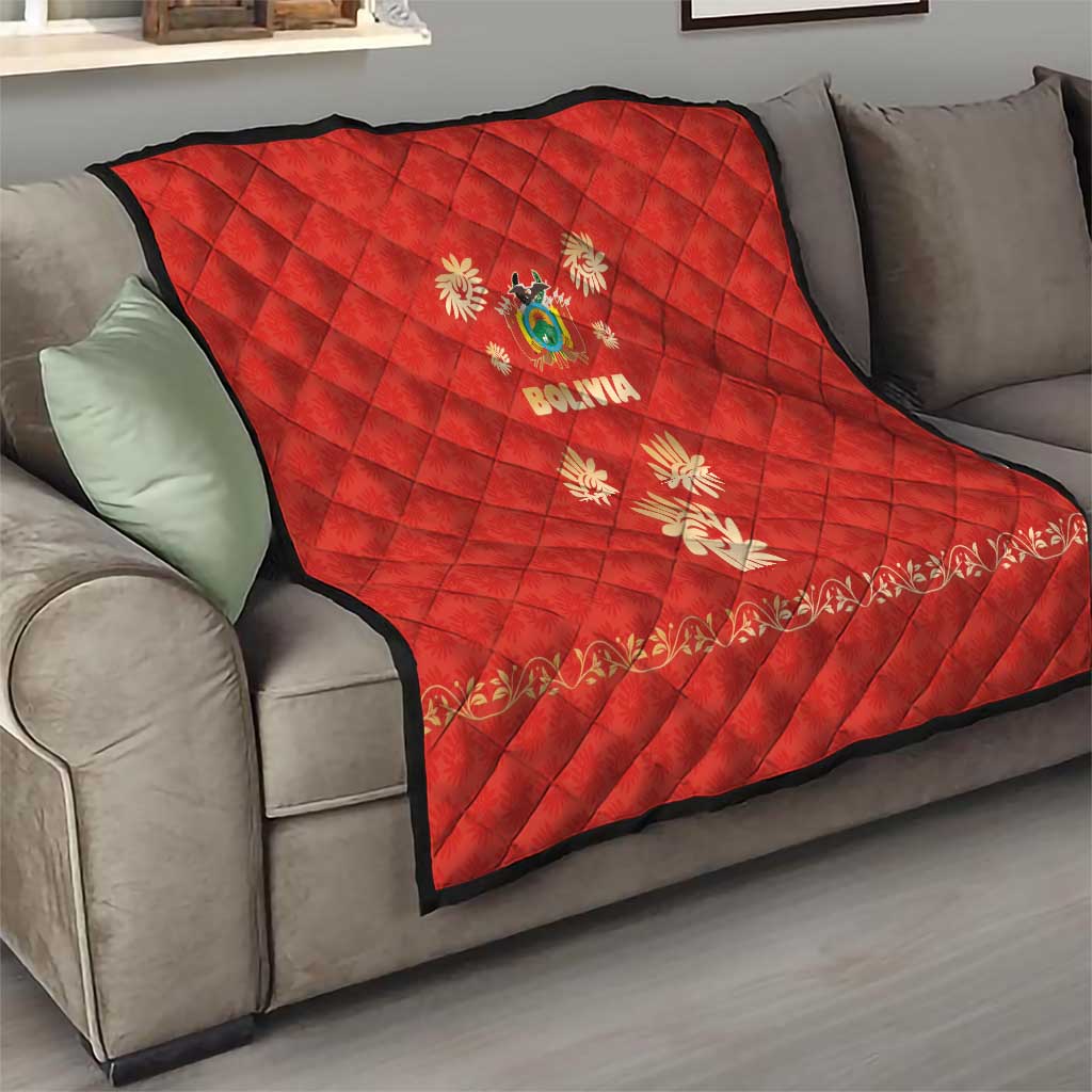 Bolivia National Emblem Quilt with Floral Pattern and Red Folk Design
