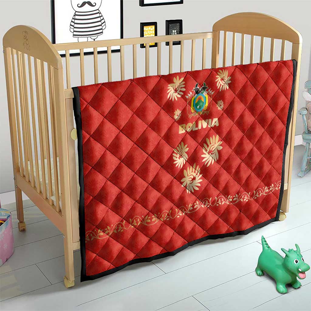 Bolivia National Emblem Quilt with Floral Pattern and Red Folk Design