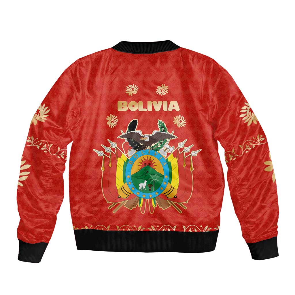 Red bomber jacket with Bolivia crest on back, floral details, ribbed waistband and cuffs