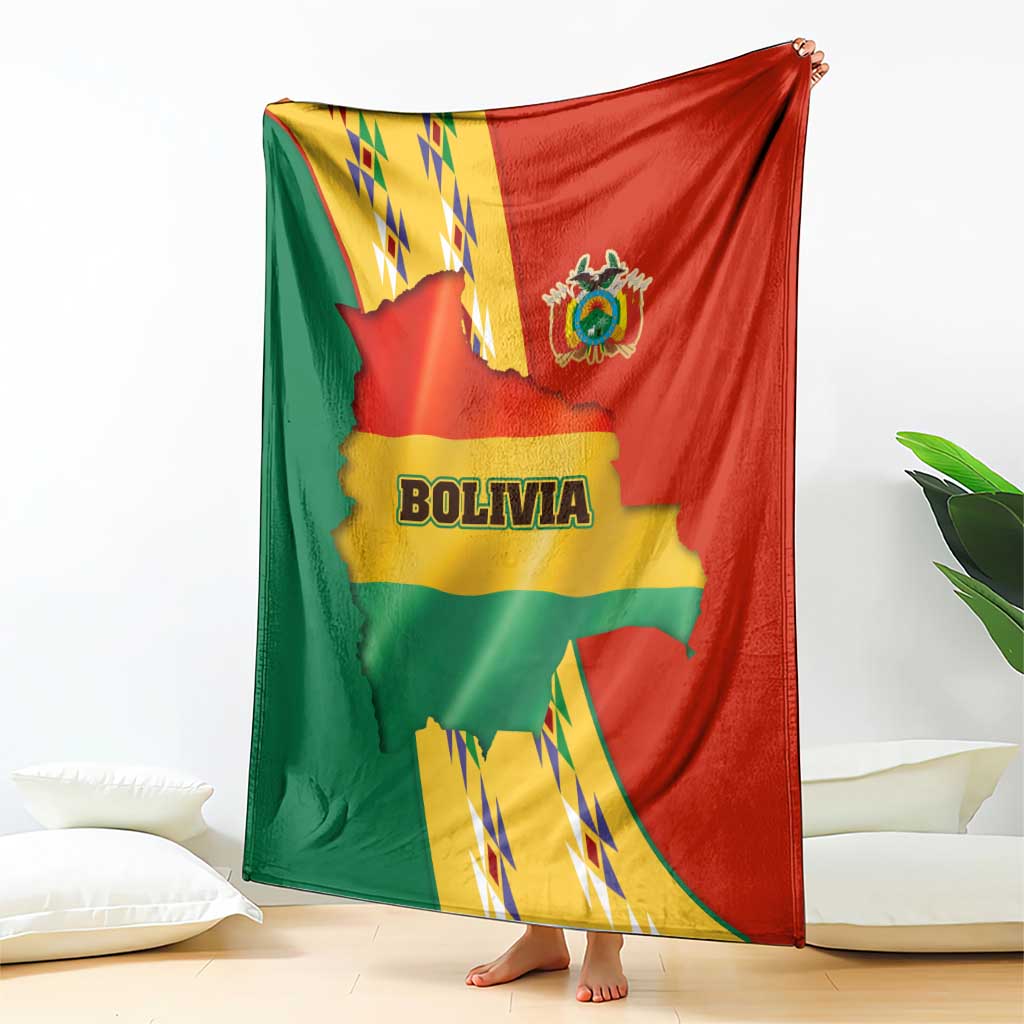 Bolivia flag blanket with map outline, crest badge, and colorful Andean pattern with condor