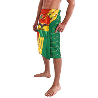 Multicolor Bolivia flag lavalava sarong with crest and condor graphic, angled side view