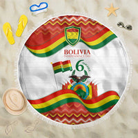 Round beach blanket with Bolivia Independence Day print, multicolor flag stripes, fringe edge