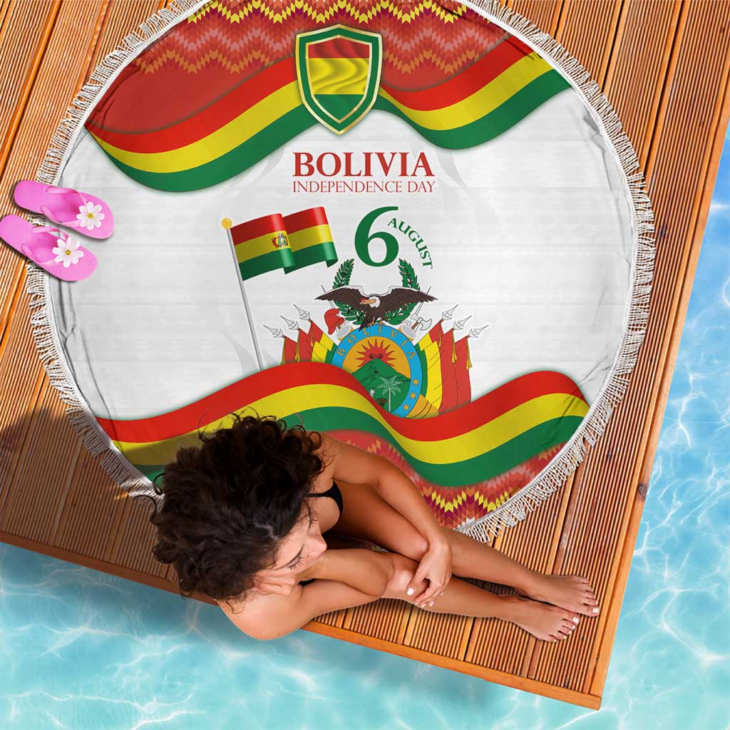 Draped round beach blanket with white Bolivia Independence Day design, flag stripes, fringe