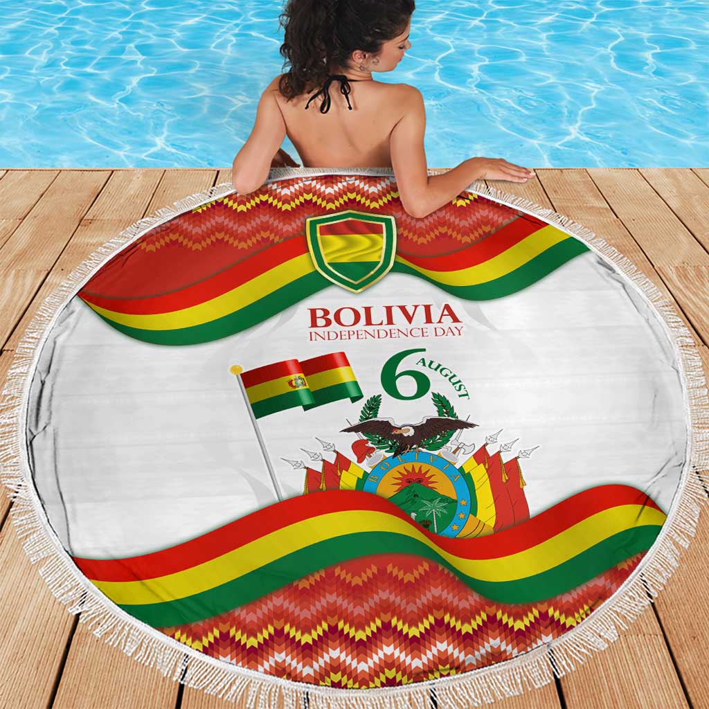 Round beach blanket featuring Bolivia Independence Day emblem, flag stripes, and fringe trim