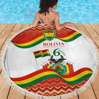 Round beach blanket featuring Bolivia Independence Day emblem, flag stripes, and fringe trim