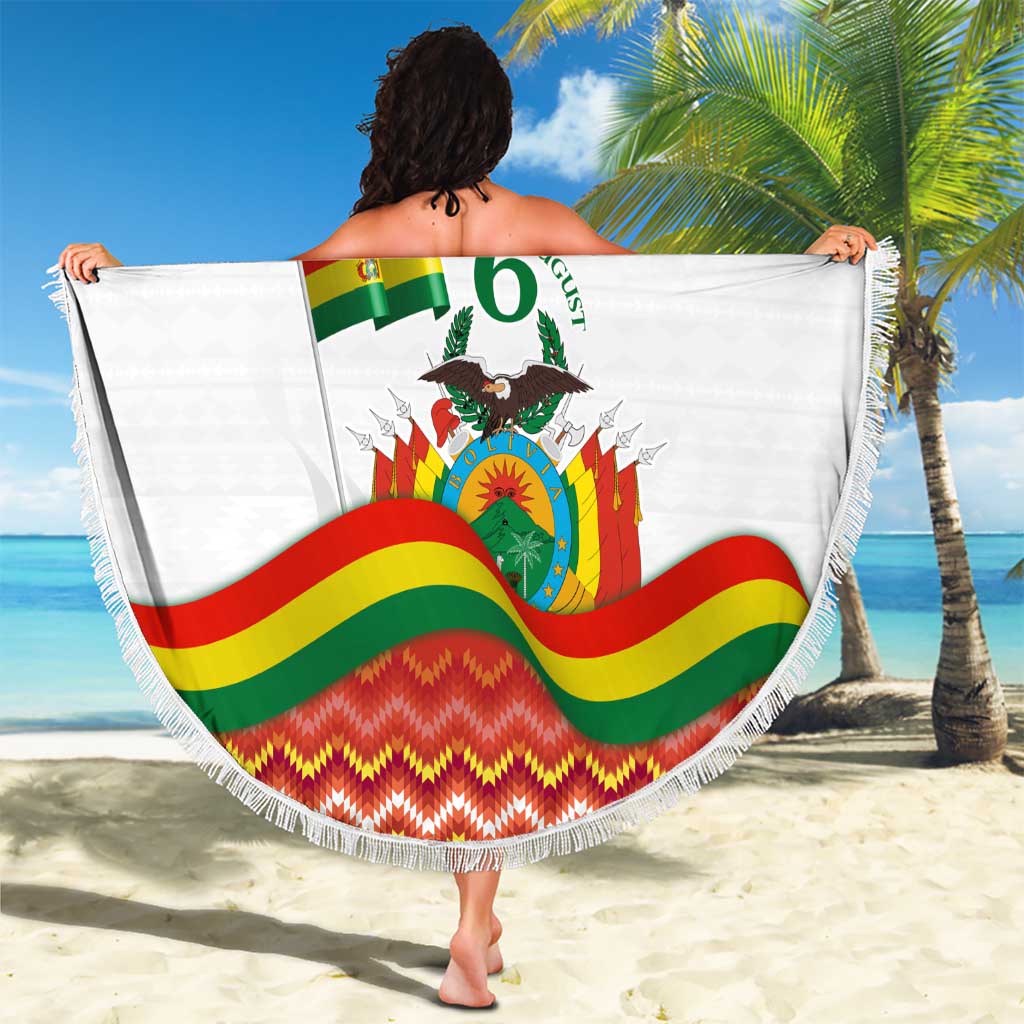 Person holding round beach blanket with Bolivia Independence Day flag colors and fringe trim