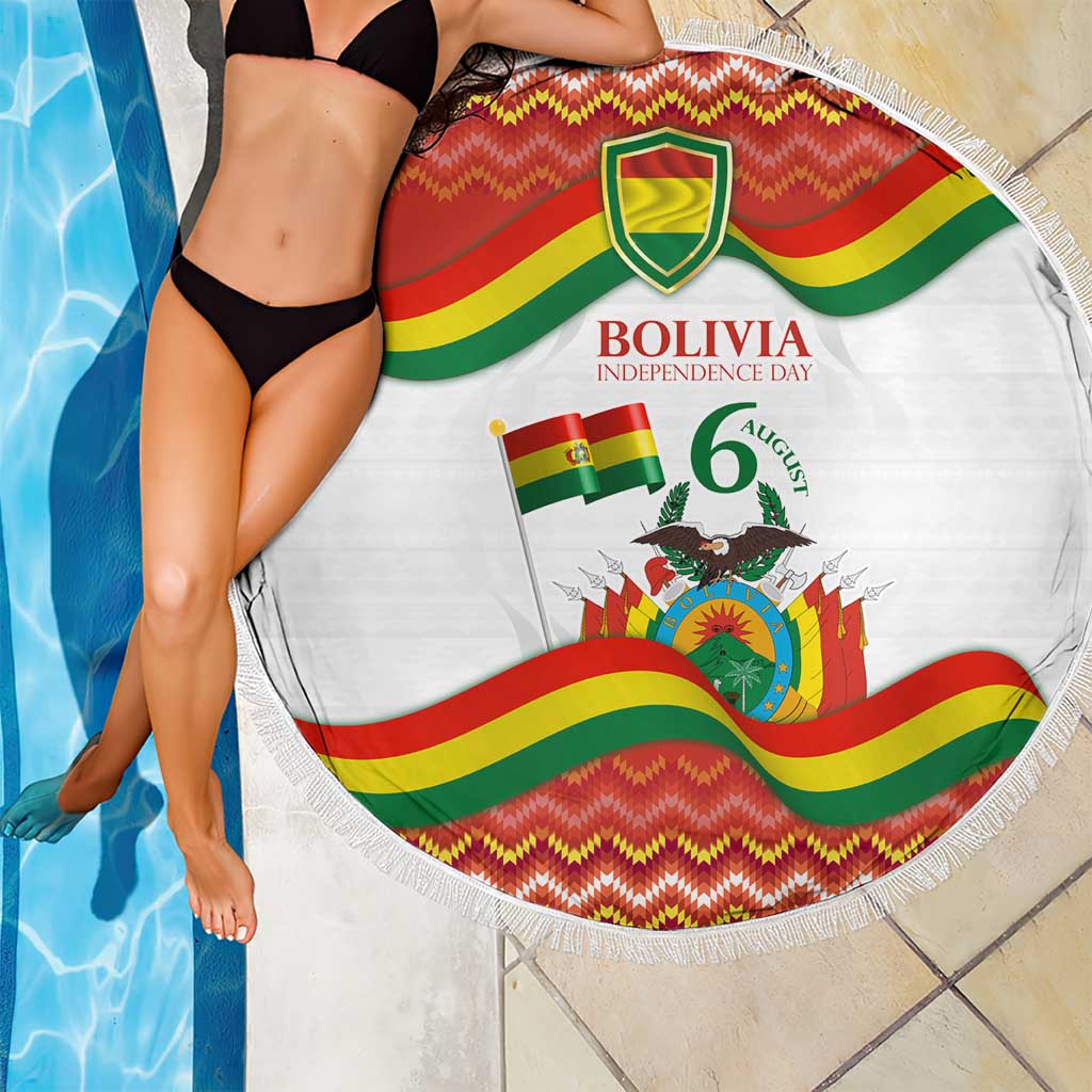 Close view of round beach blanket with Bolivia Independence Day print, flag stripes, fringe