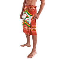 Men's lavalava skirt side view with Bolivia crest and flag colors on red zigzags
