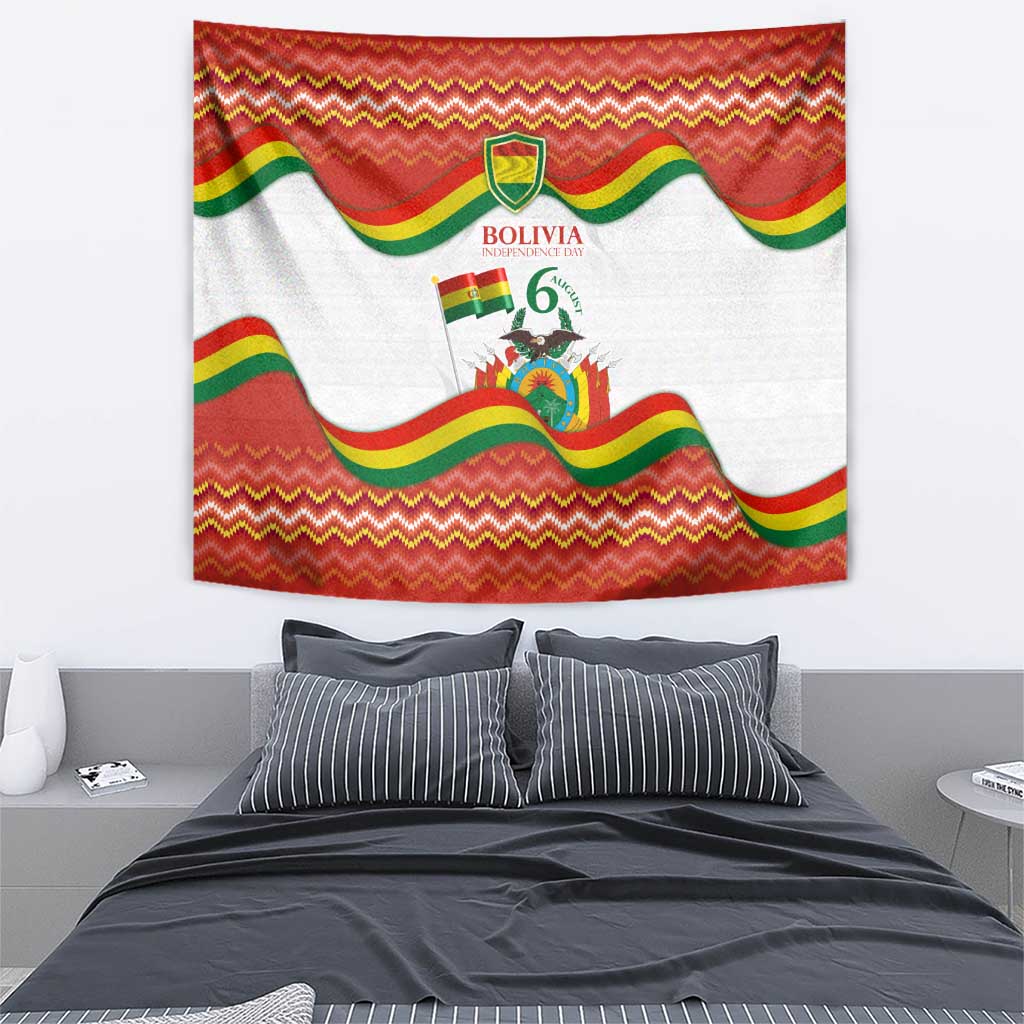 Bolivia Independence Day wall tapestry with flag wavy stripes and shield emblem