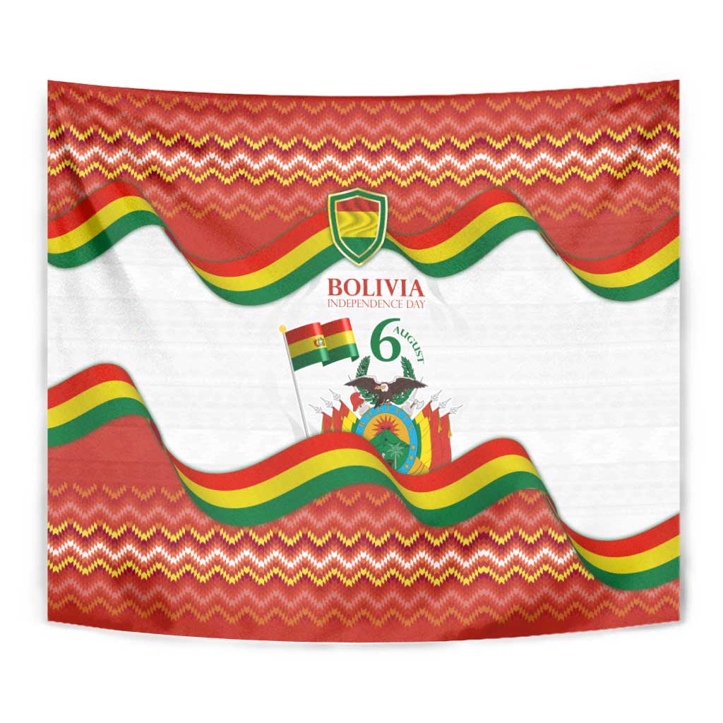 Bolivia Independence Day wall tapestry close-up with wavy flag stripes and shield emblem