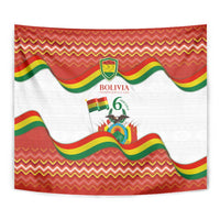 Bolivia Independence Day wall tapestry close-up with wavy flag stripes and shield emblem