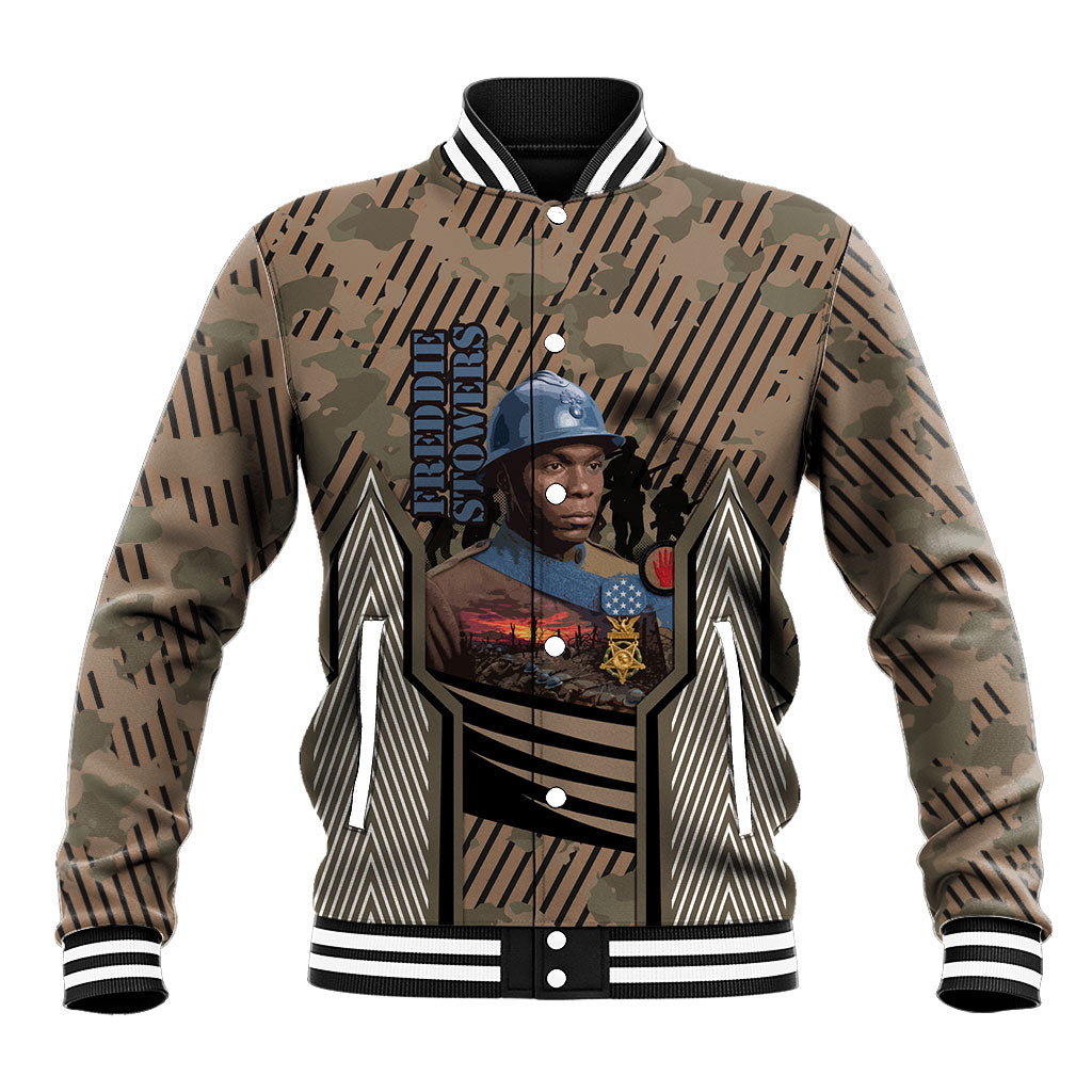 Freddie Stowers African American Baseball Jacket Medal Of Honor Red Hand - Military Camouflage Striped World War I