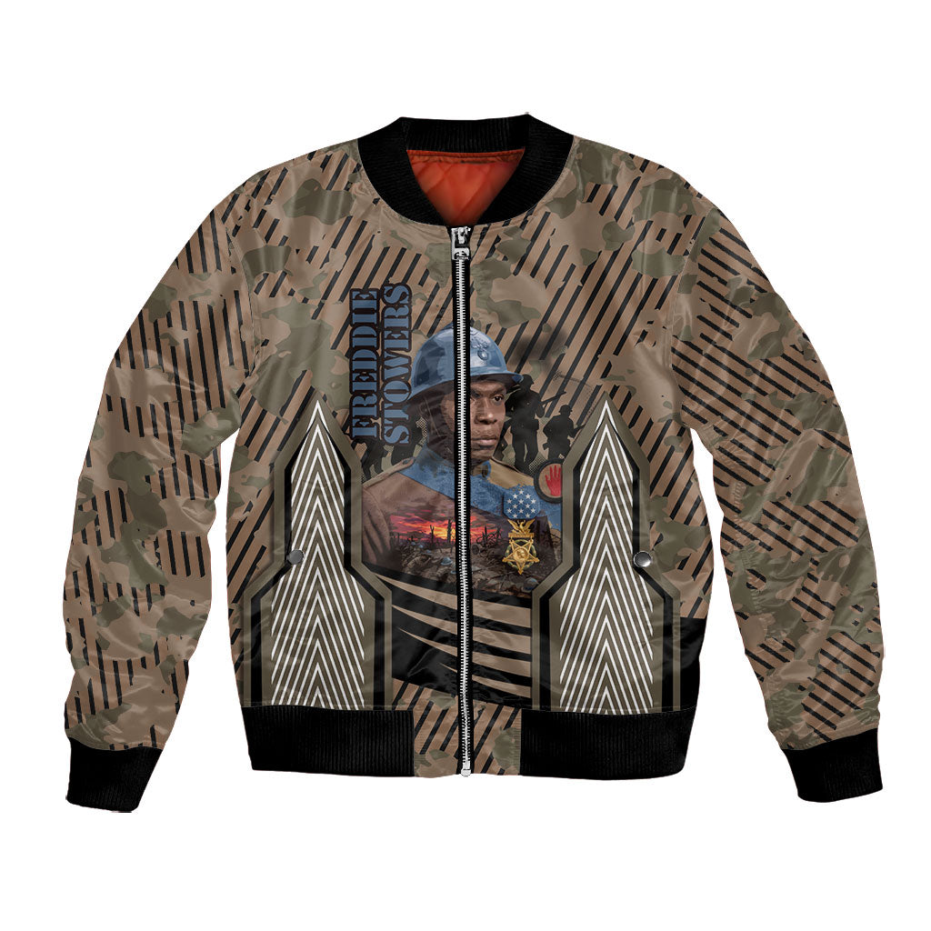 Freddie Stowers African American Bomber Jacket Medal Of Honor Red Hand - Military Camouflage Striped World War I