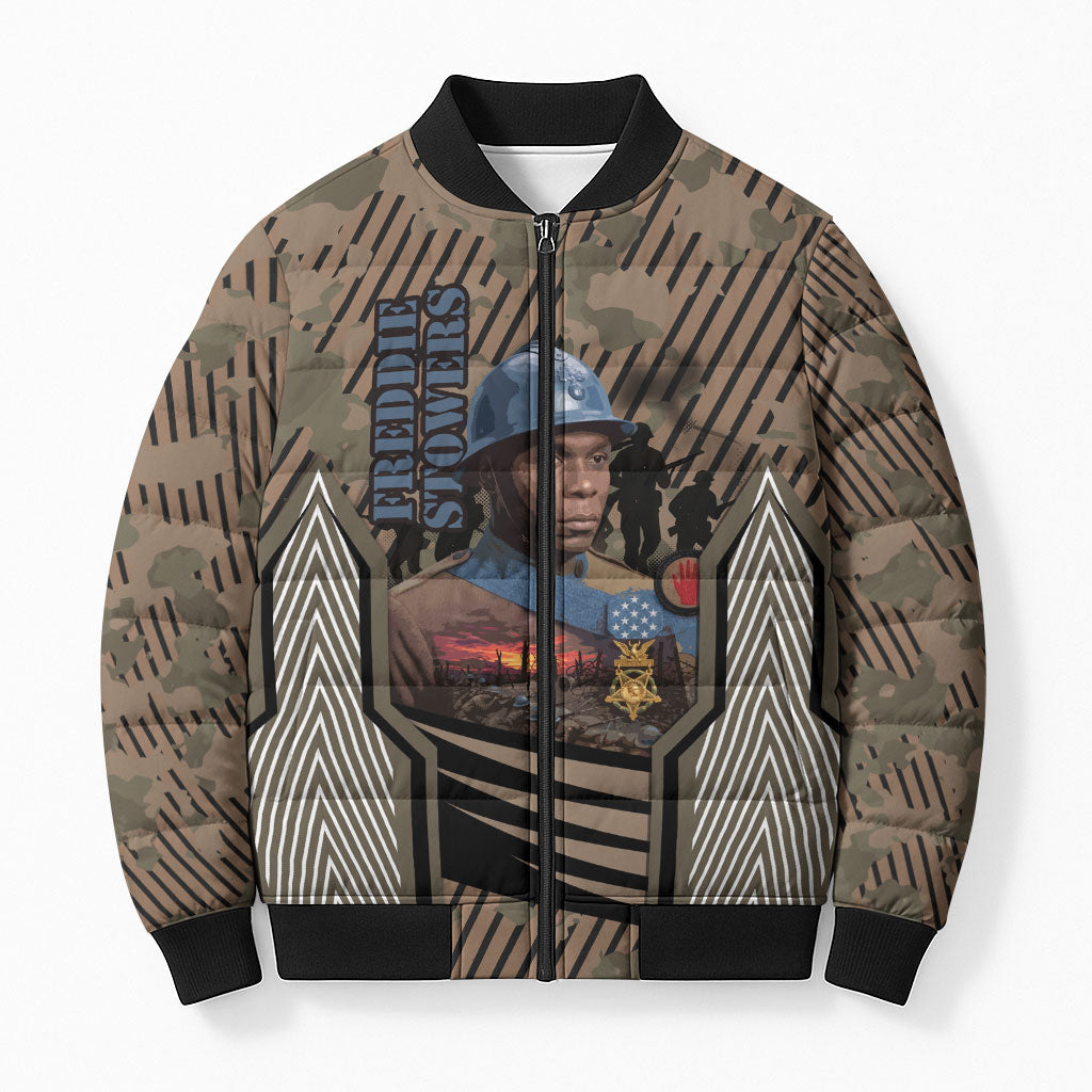 Freddie Stowers African American Bomber Puffer Jacket Medal Of Honor Red Hand - Military Camouflage Striped World War I