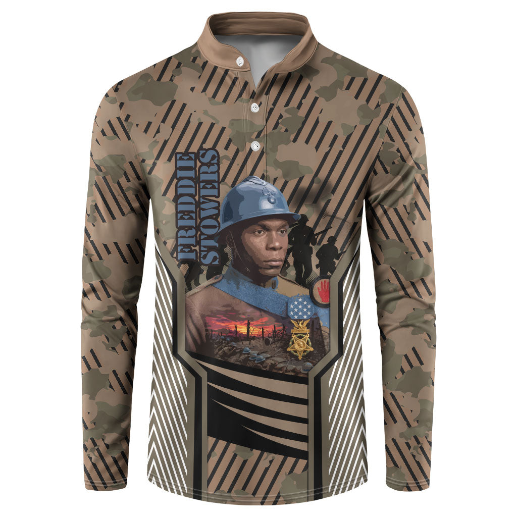 Freddie Stowers African American Button Sweatshirt Medal Of Honor Red Hand - Military Camouflage Striped World War I