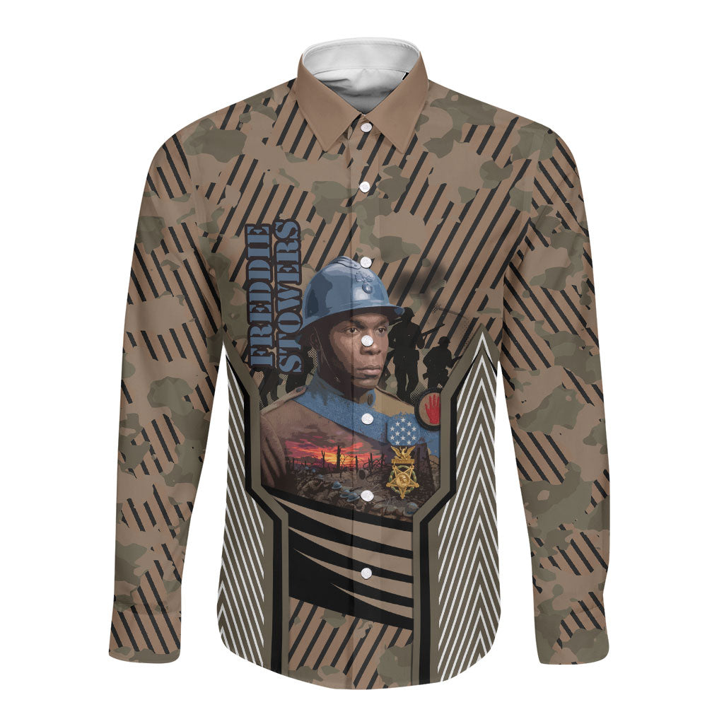 Freddie Stowers African American Long Sleeve Button Shirt Medal Of Honor Red Hand - Military Camouflage Striped World War I
