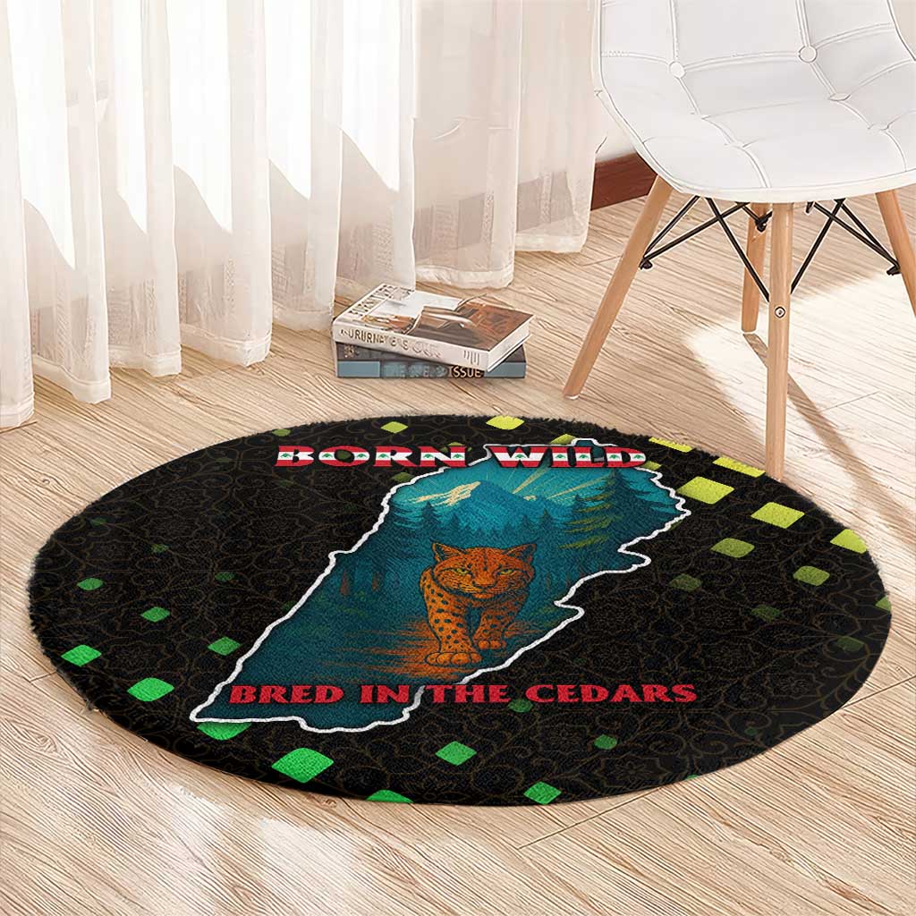 Lebanon Wild Cedar Forest Round Carpet with Leopard and National Map Design