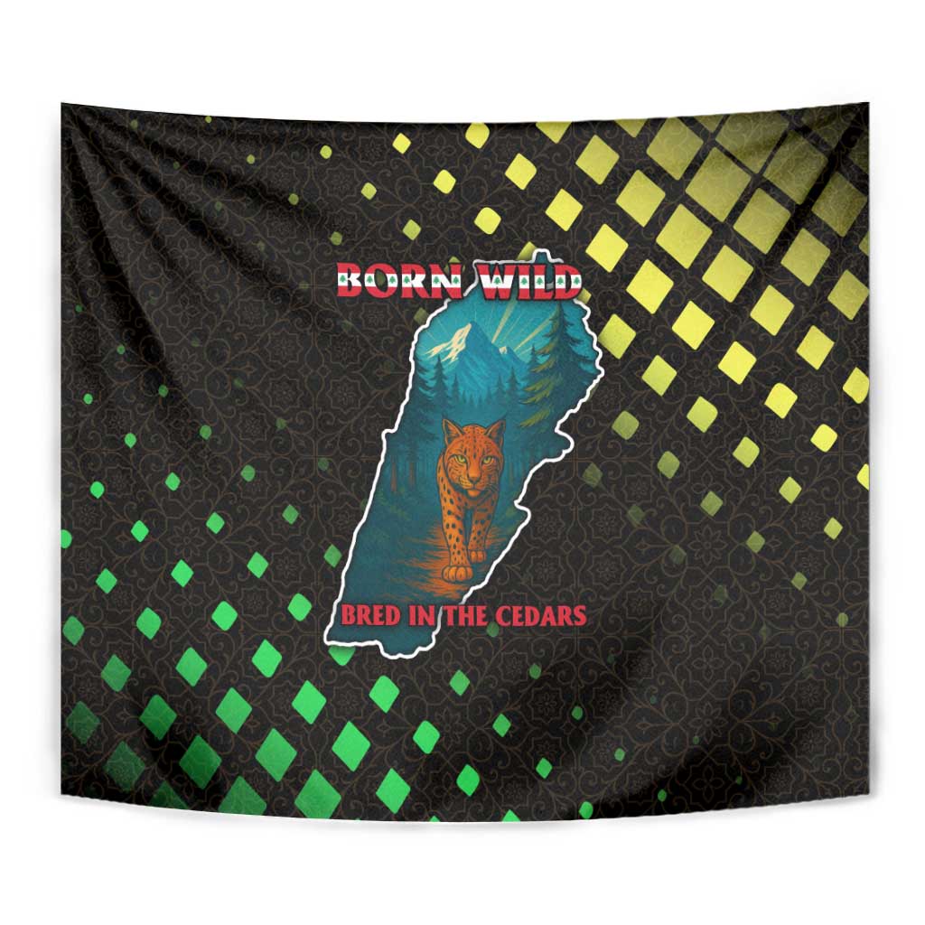Lebanon Wild Cedar Forest Tapestry with Leopard and National Map Design