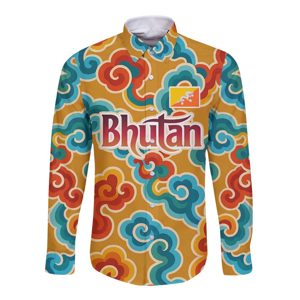 Bhutan Dragon Long Sleeve Button Shirt with Traditional Cloud Motif in Vibrant Himalayan Colors