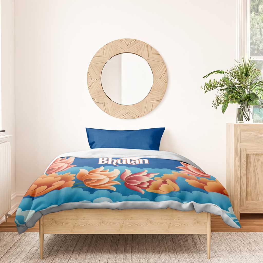 Bhutan Lotus Blossom Bedding Set with White Dragon and Sacred Cloud Harmony