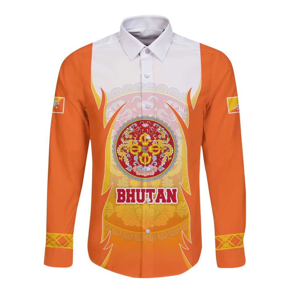 Bhutan Mandala Emblem Long Sleeve Button Shirt with Monastic Orange and Spiritual Harmony