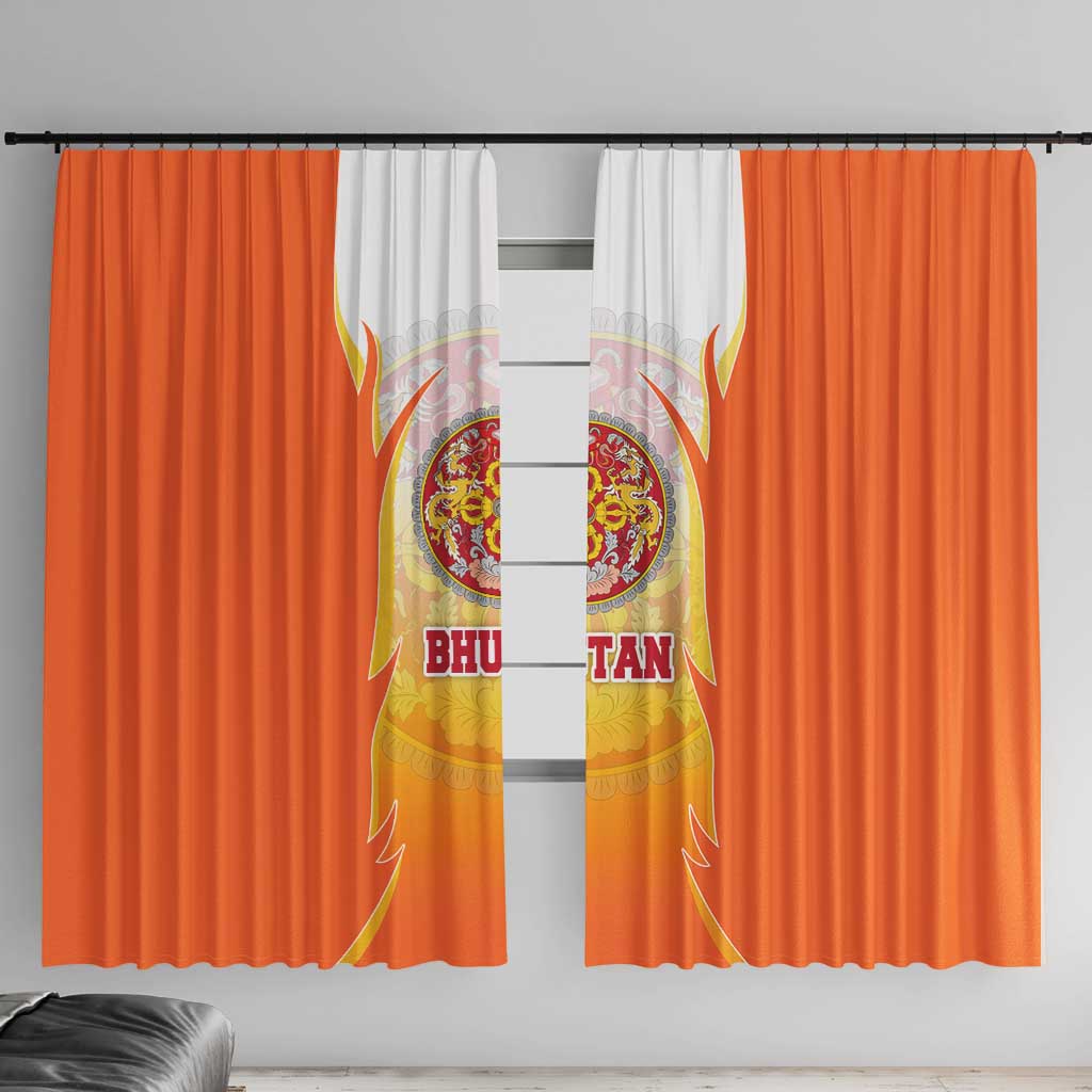 Orange window curtain panels with central white panel and Bhutan mandala emblem, floor-length