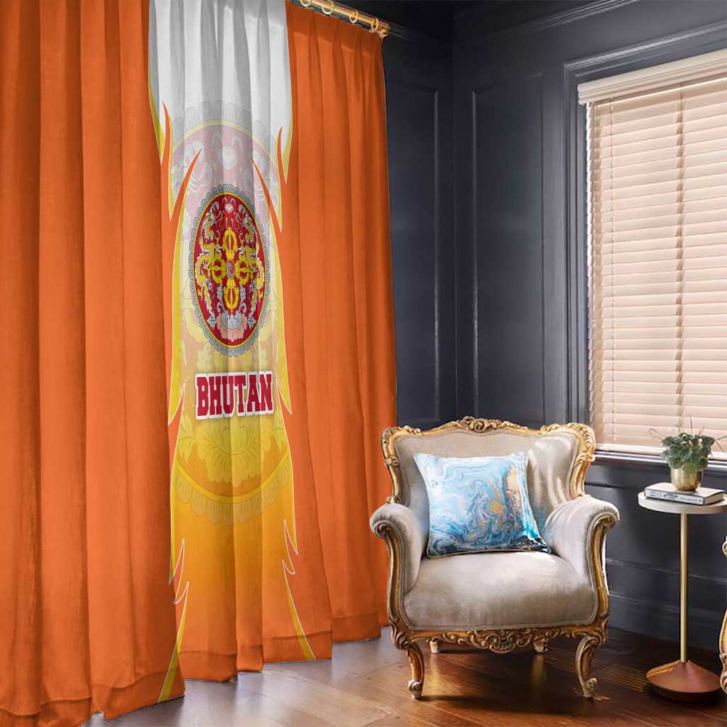 Orange and white window curtain panels with Bhutan emblem print, draped open for view