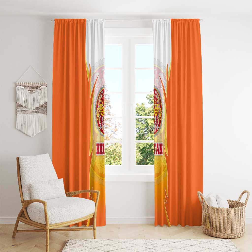 Orange window curtain panels with central white printed panel and Bhutan mandala emblem