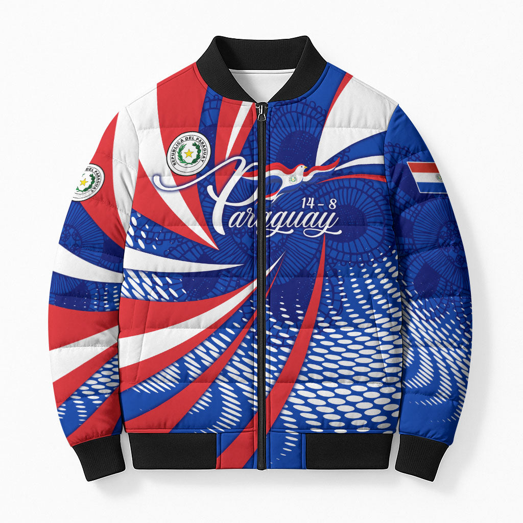 Paraguay Flag Day Bomber Puffer Jacket Patriotic Sunburst Traditional Ñandutí Lace