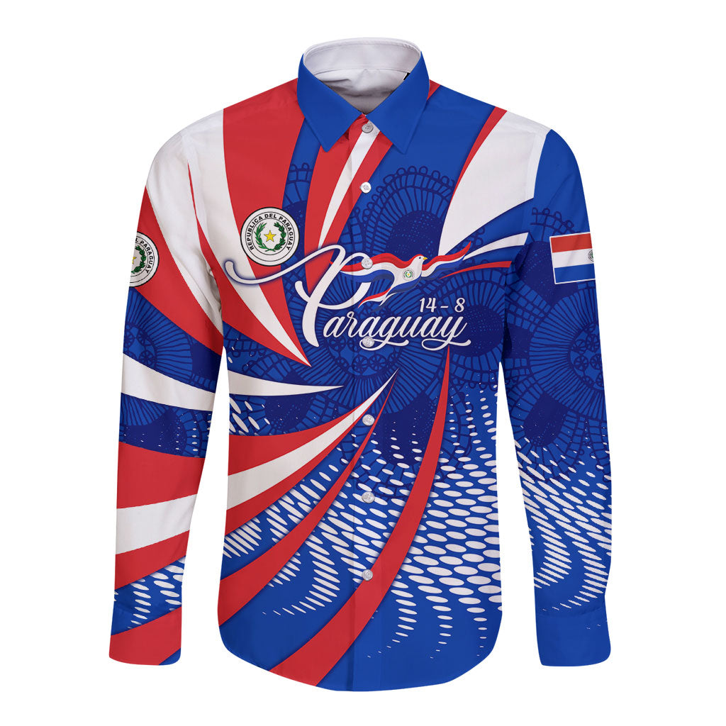 Paraguay Flag Day Long Sleeve Button Shirt Patriotic Sunburst Traditional Ñandutí Lace