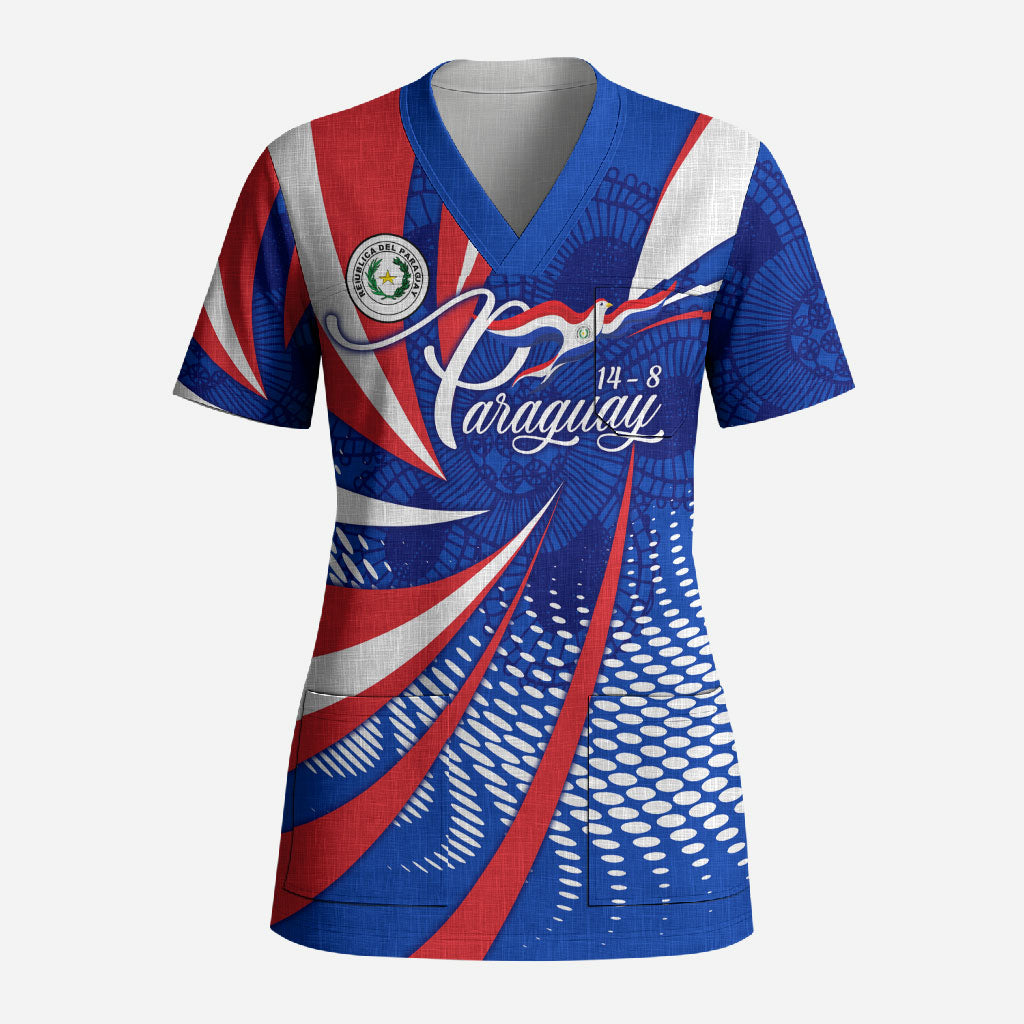 Paraguay Flag Day Scrub Top Patriotic Sunburst Traditional Ñandutí Lace