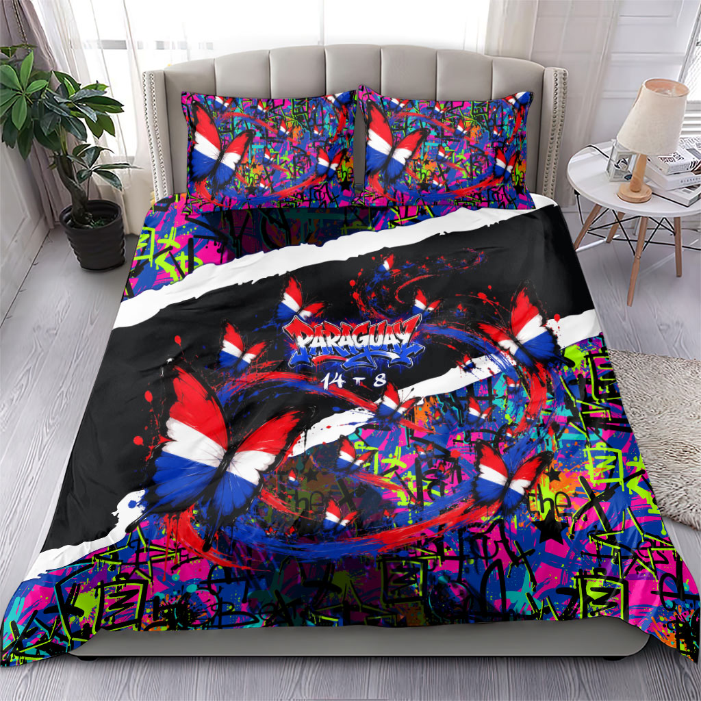 Paraguay Flag Day Bedding Set Colorful Graffiti Map Butterflies
