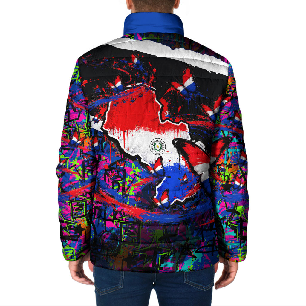 Paraguay Flag Day Padded Jacket Colorful Graffiti Map Butterflies