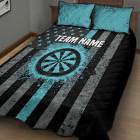 Teal quilt and pillows with black-and-gray striped dart target graphic and TEAM NAME
