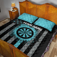 Patriotic quilt bed set with teal pillows and black quilt showing dart target and TEAM NAME