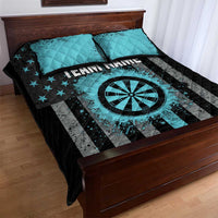 Quilt bed set with teal pillow pair; black-and-gray stripes with star dart target, TEAM NAME