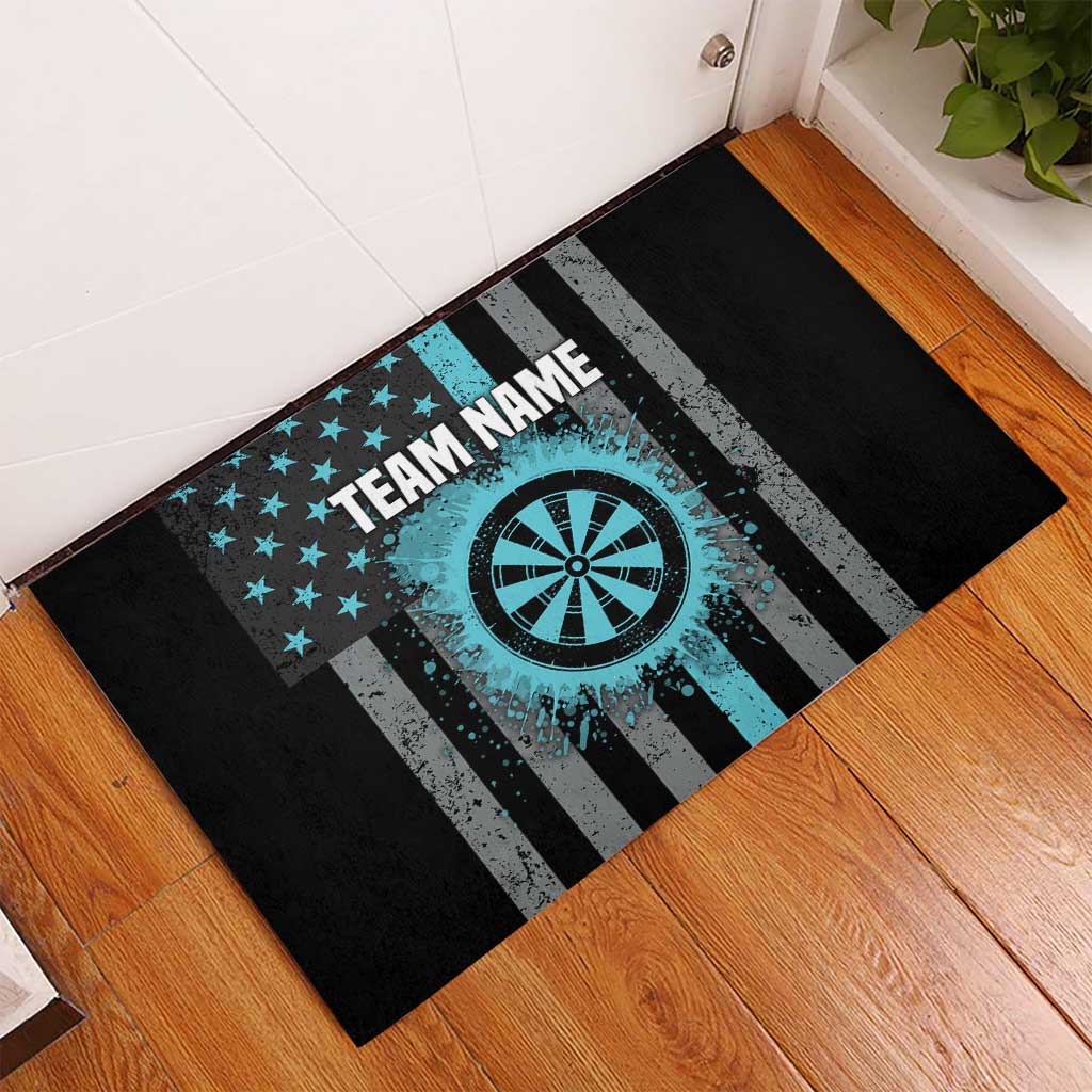 Rubber doormat, turquoise dart center with stars and black gray stripes, TEAM NAME text